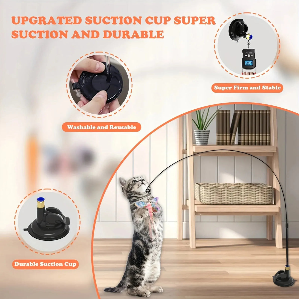 Suction Cup Cat Teaser Wand – Interactive Bell & Feather Toy
