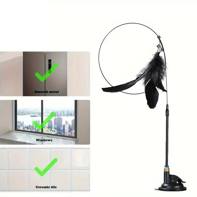 Suction Cup Cat Teaser Wand – Interactive Bell & Feather Toy